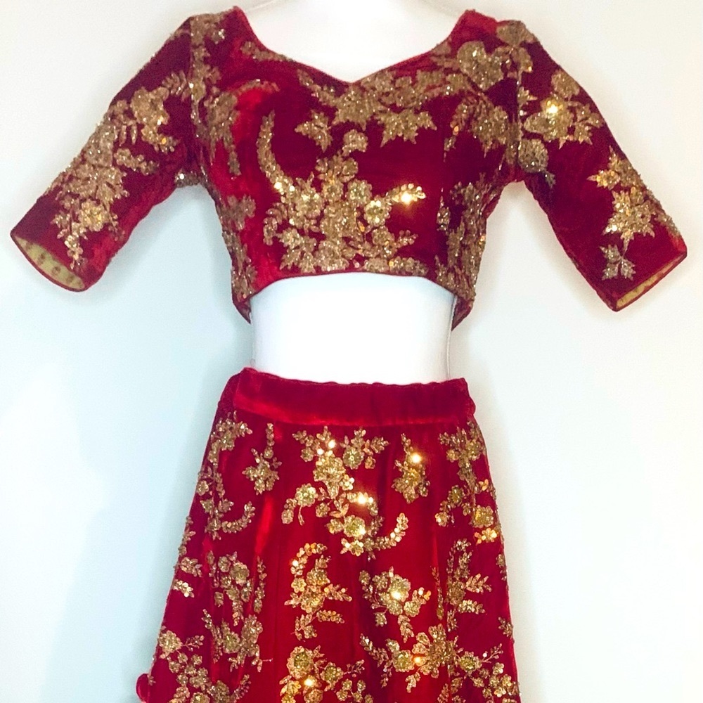 Beautiful Sabyasachi Inspired Red Velvet and Gold Lehnga